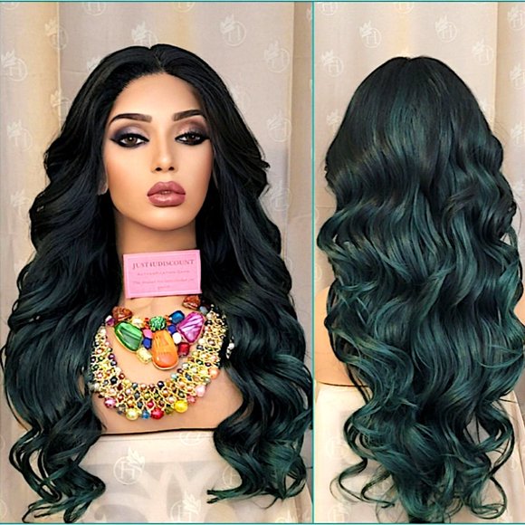 Wowfactor celebrity Emerald green black balayage highlighted wavy lace front h.d